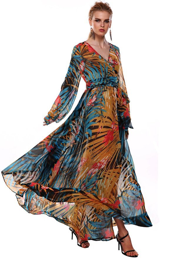 F2440-1 Womens V Neck Tropical Flower Printed Chiffon Long Sleeve Beach Dress